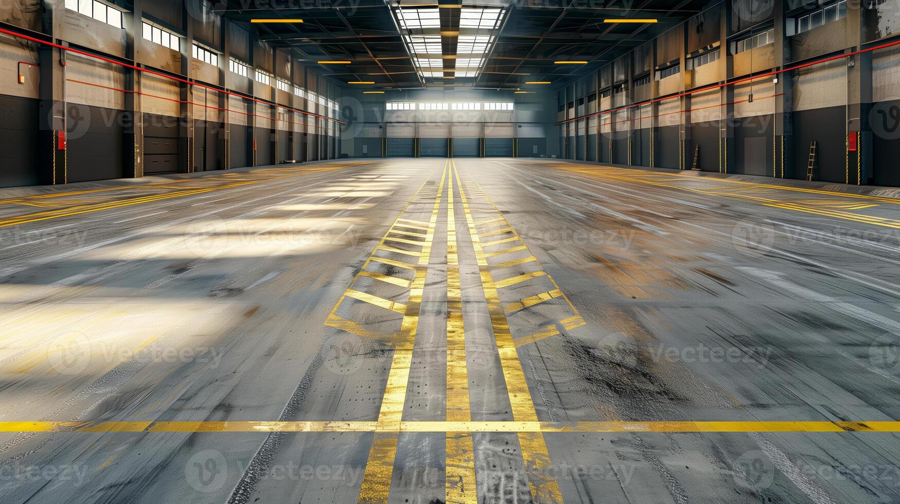 A large empty warehouse with a yellow line on the floor photo
