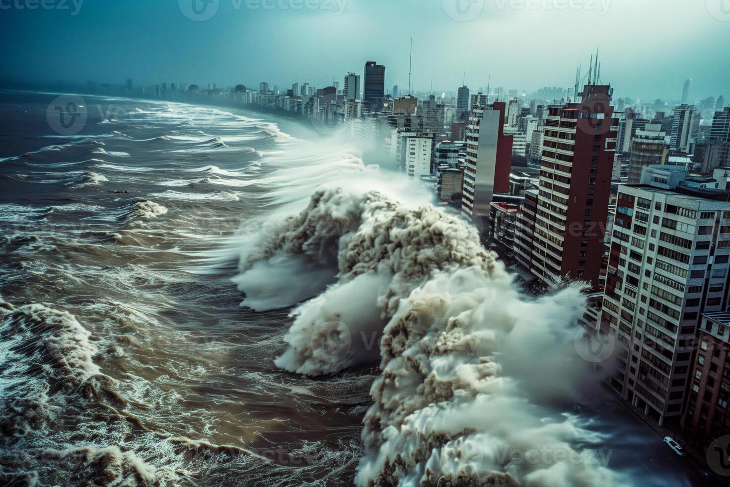 Cityscape with towering waves crashing on buildings photo