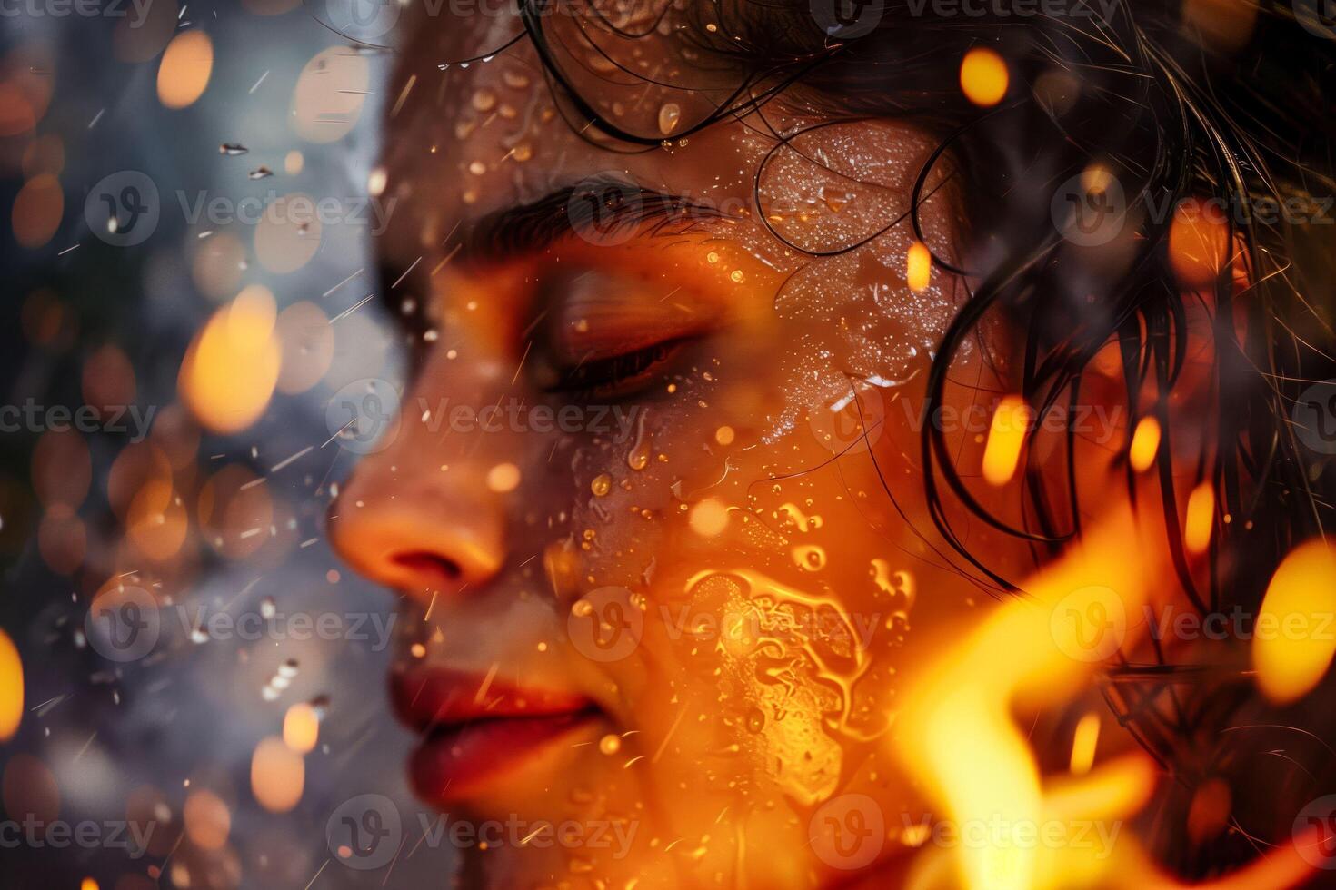 A woman with a fierce expression and flames on her face photo