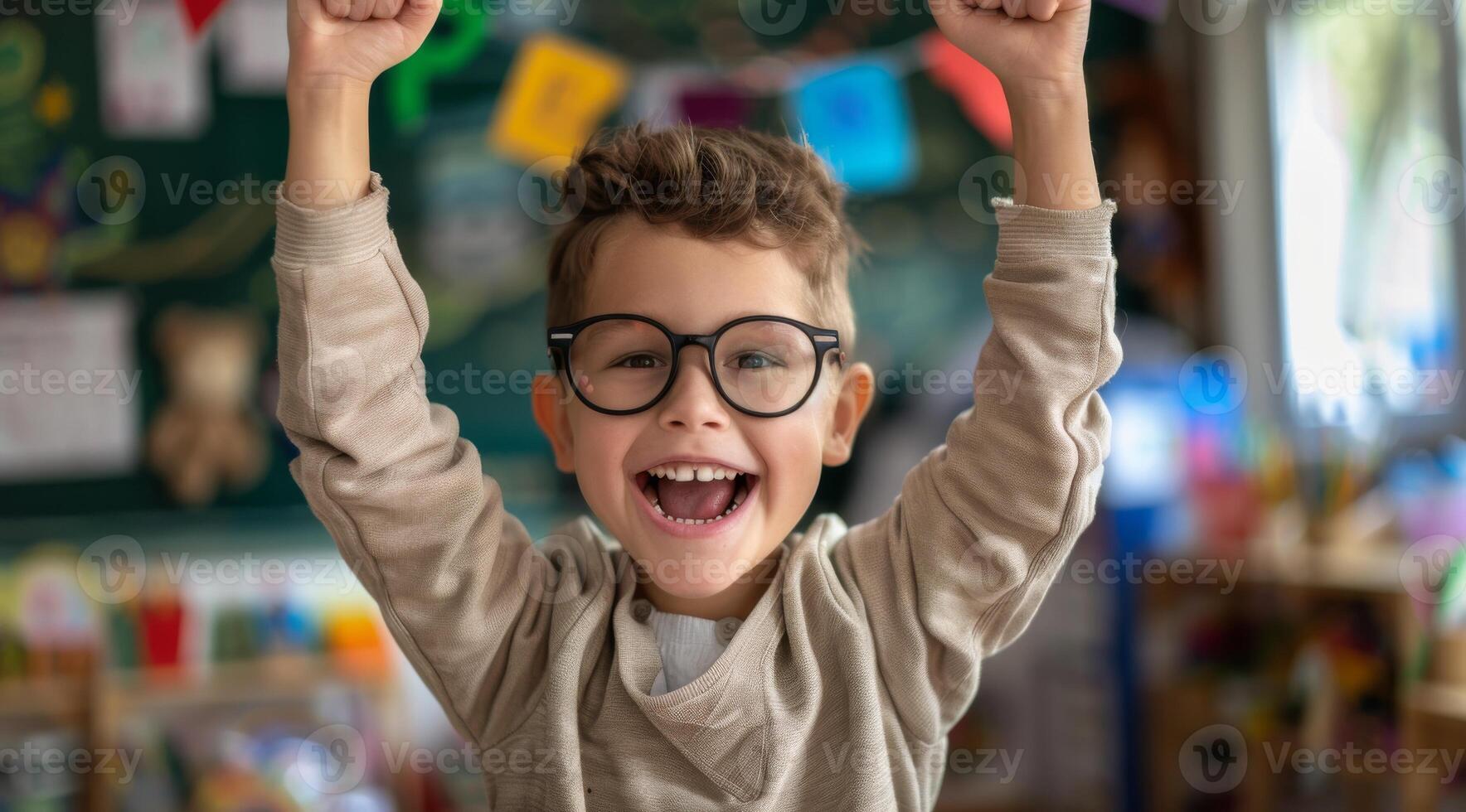 Happy Child with Glasses Celebrating in Colorful Classroom photo