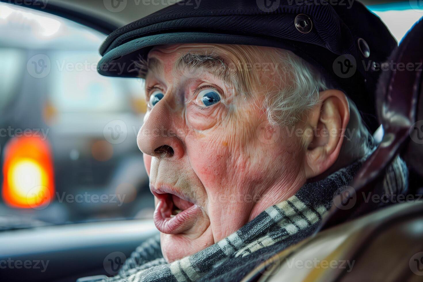 An elderly man with a shocked expression inside a vehicle photo