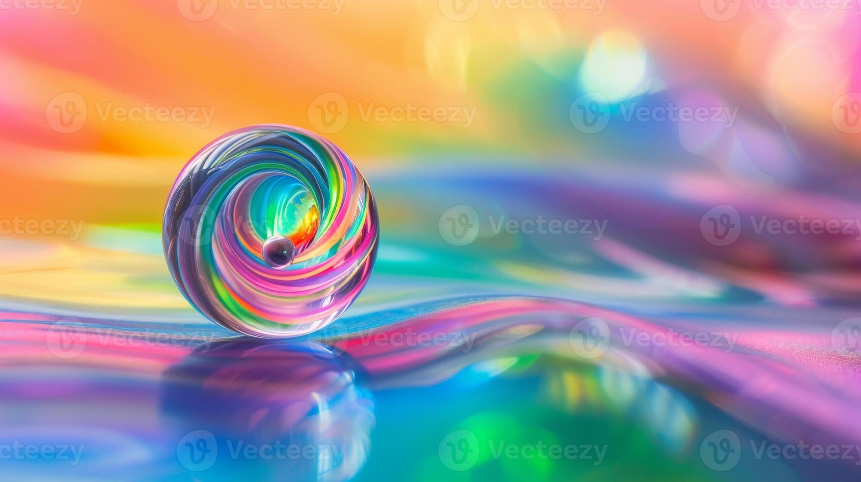 Vibrant Swirl of Colors in Abstract Glass Sphere on Reflective Surface with Bokeh photo