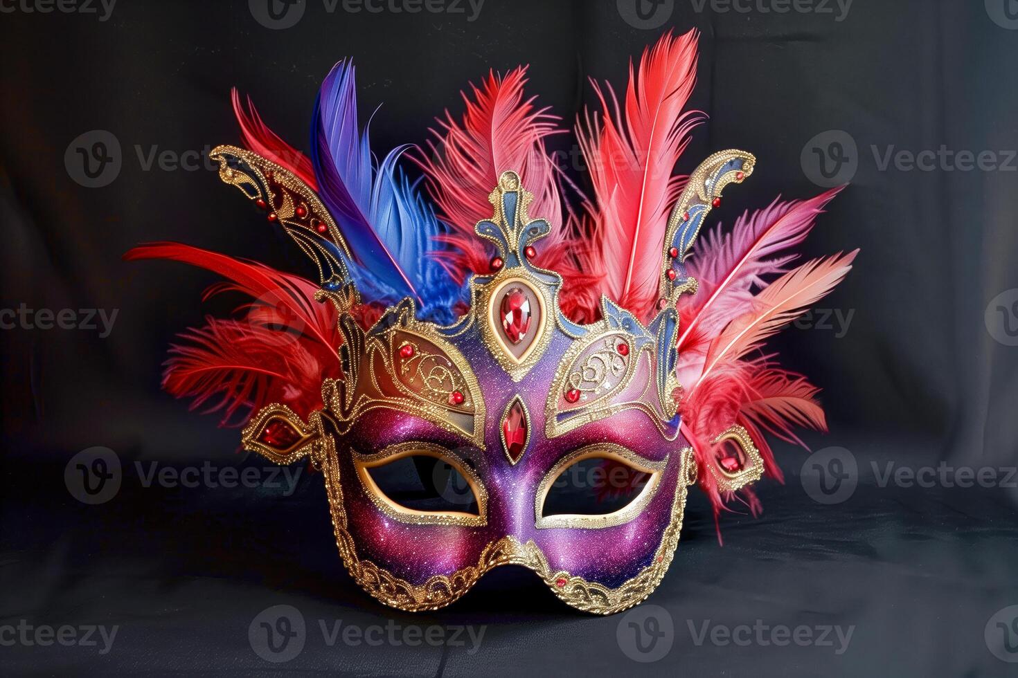 Close up of mask adorned with feathers on dark background photo