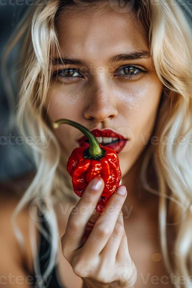 A woman holding a pepper in her hand photo
