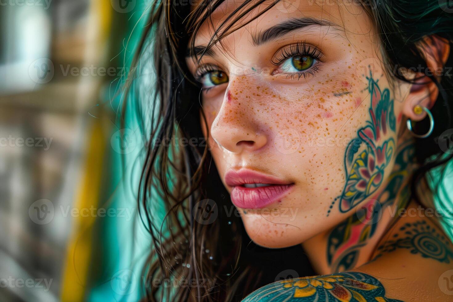 Woman with tattoos on her face and neck photo
