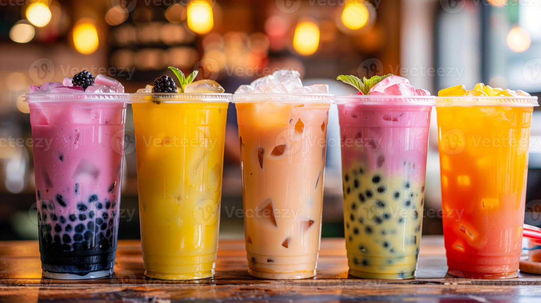 A row of various fresh bubble beverages on a table photo
