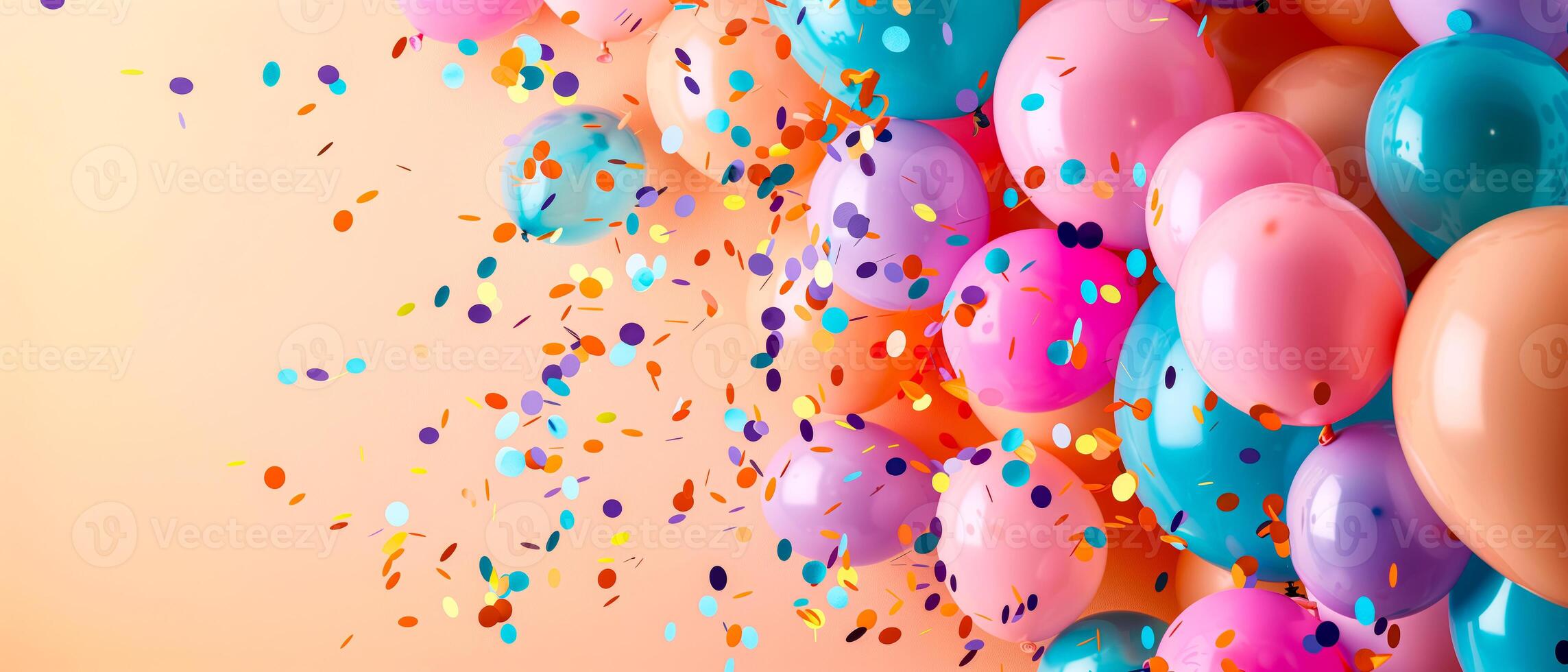 Pink background filled with balloons and confetti, banner photo