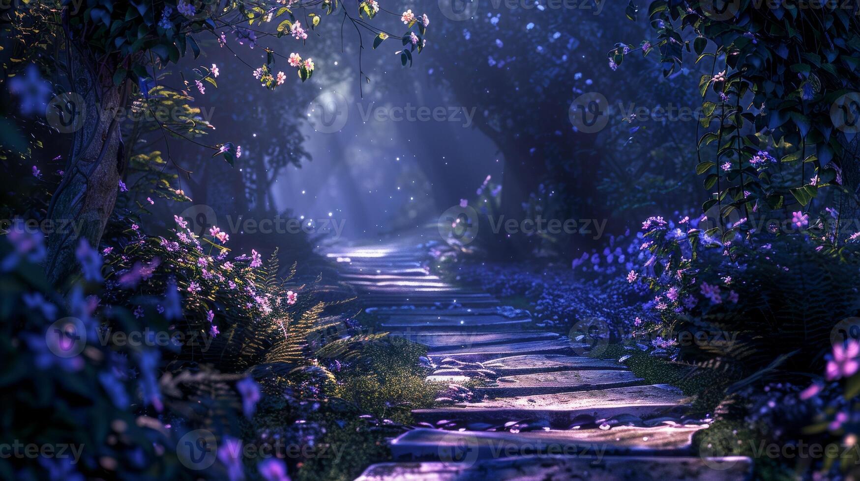 Enchanted Forest Path Illuminated by Moonlight with Blossoming Flowers and Lush Greenery photo