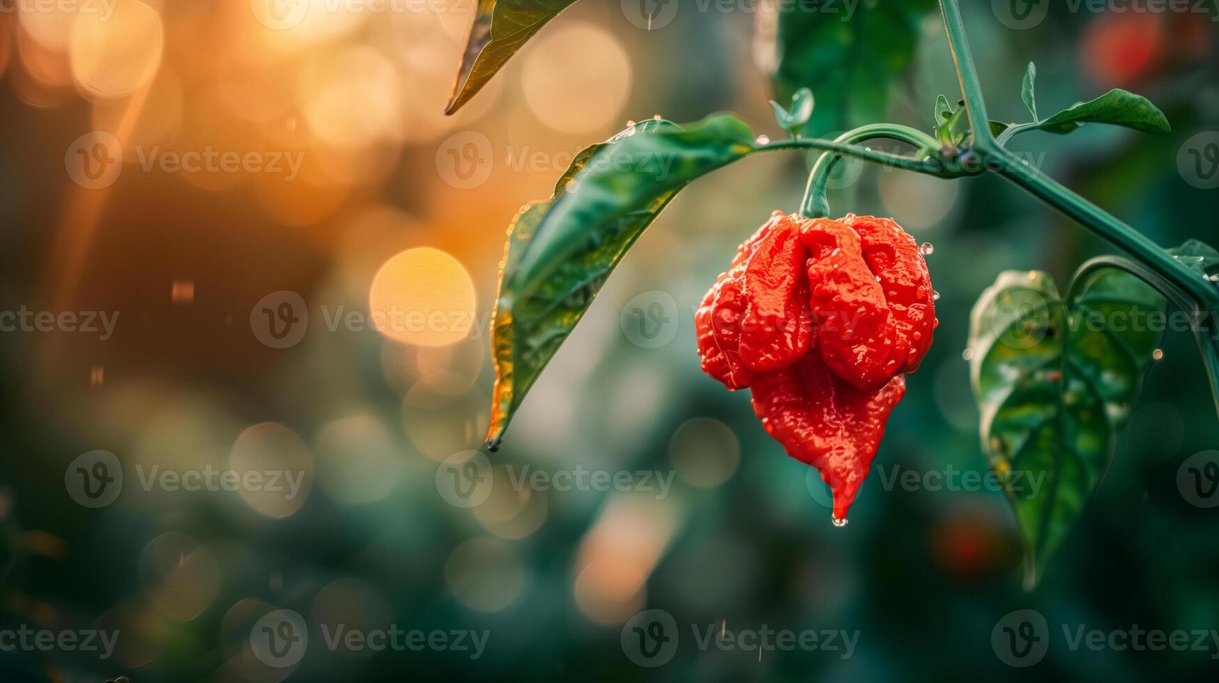 A red chili plant with water droplets on it photo
