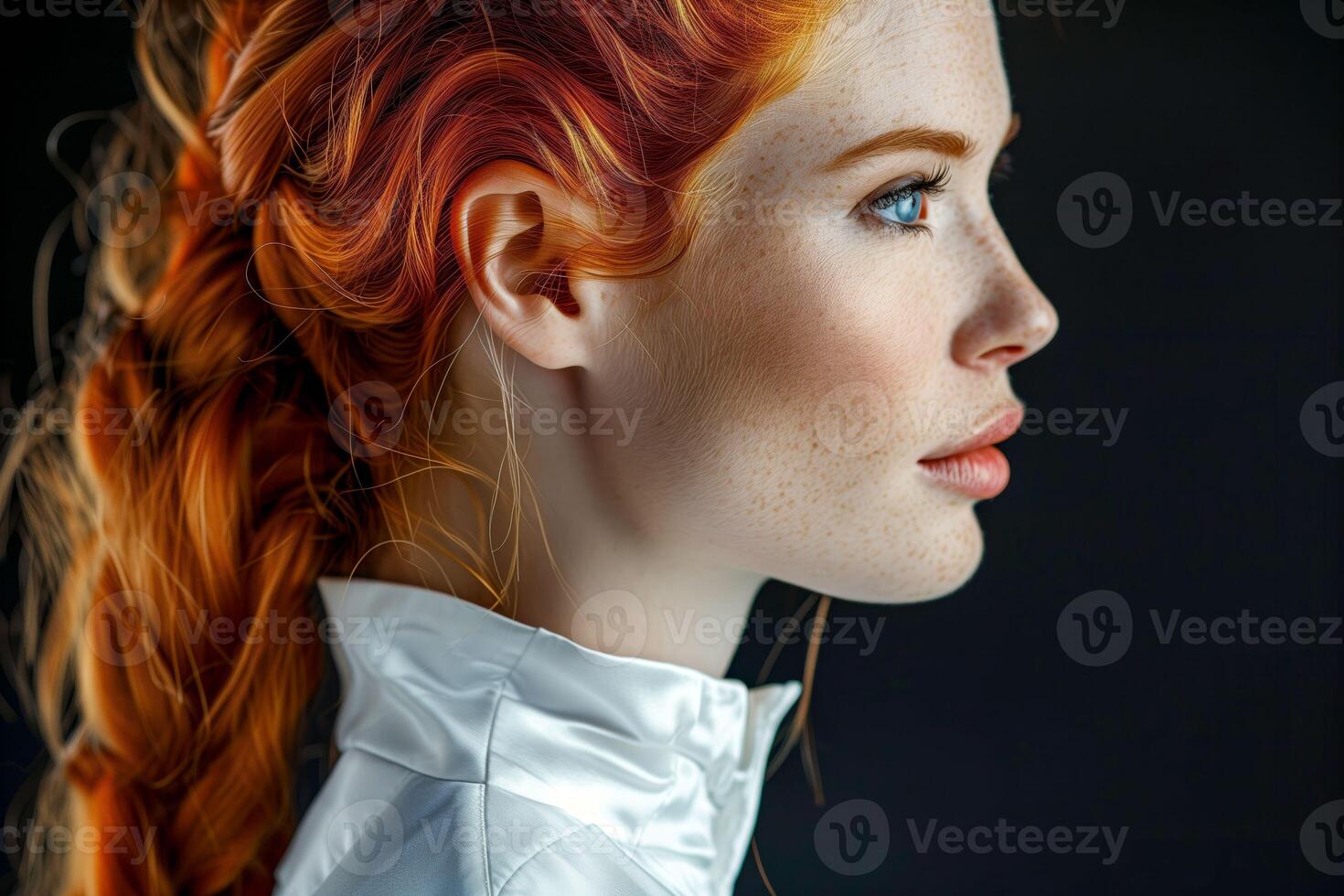 Redheaded woman with long hair in a white shirt photo