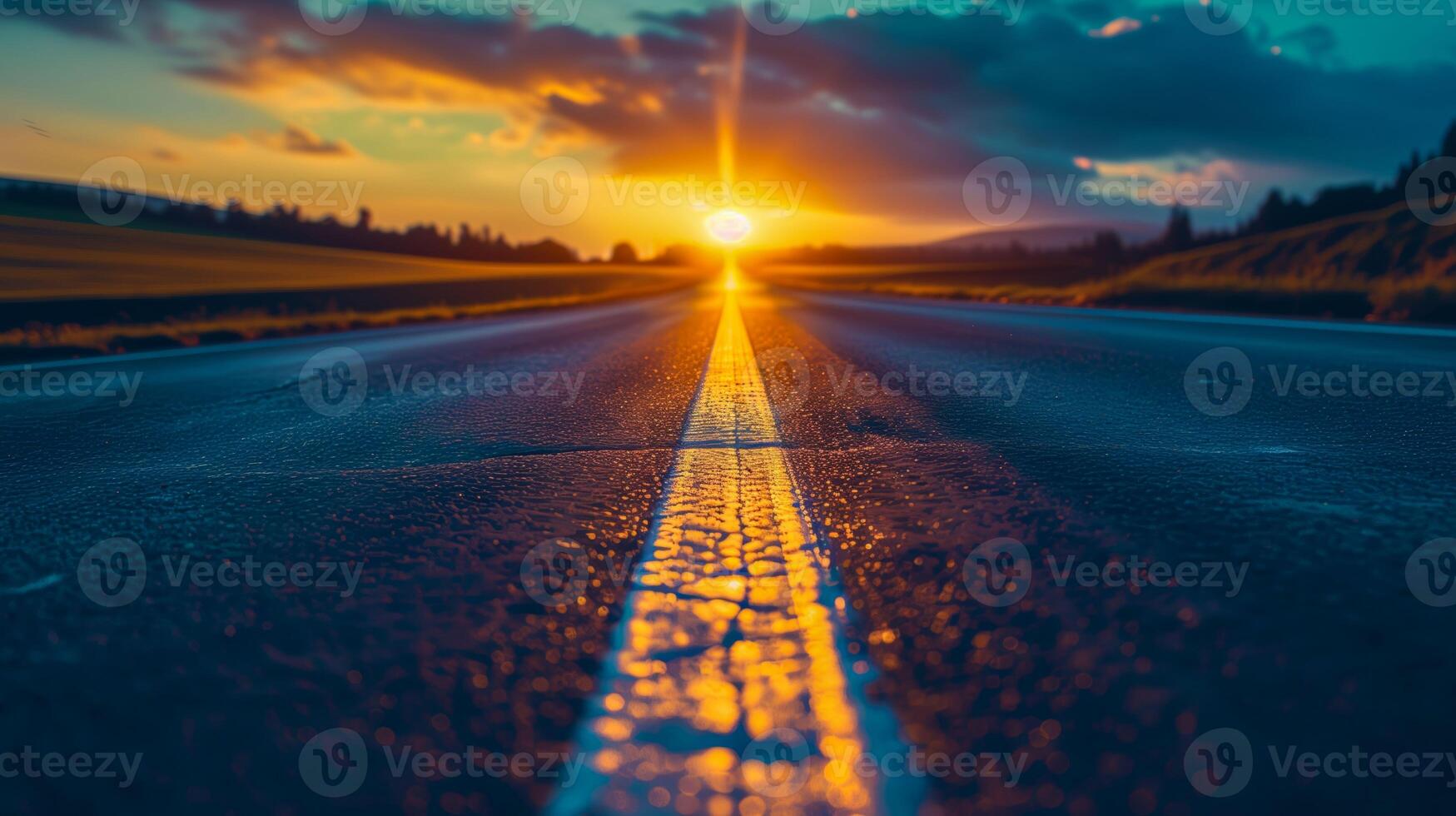 A road under a setting sun with close-up view photo