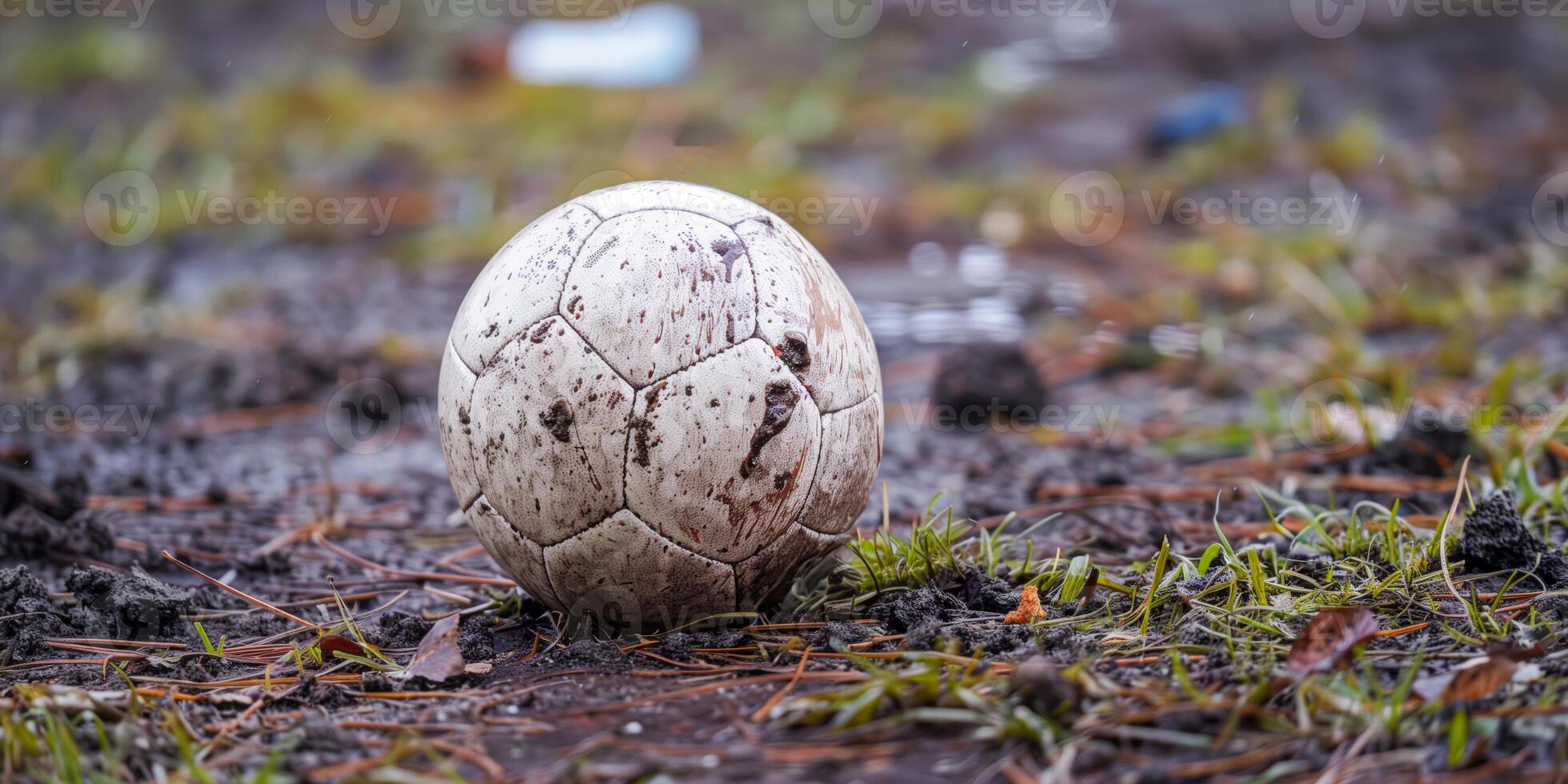 A soccer ball in the soil photo