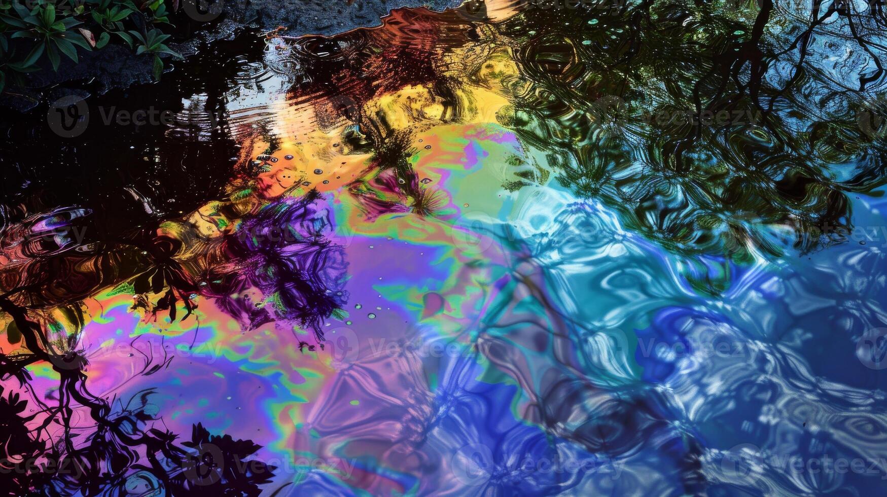 Colorful Oil Slick on Water Surface Creating Iridescent Abstract Reflections of Trees and Sky photo