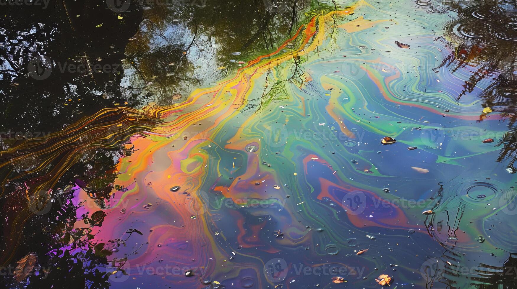 Rainbow Oil Spill on Water Surface with Reflective Nature Background photo