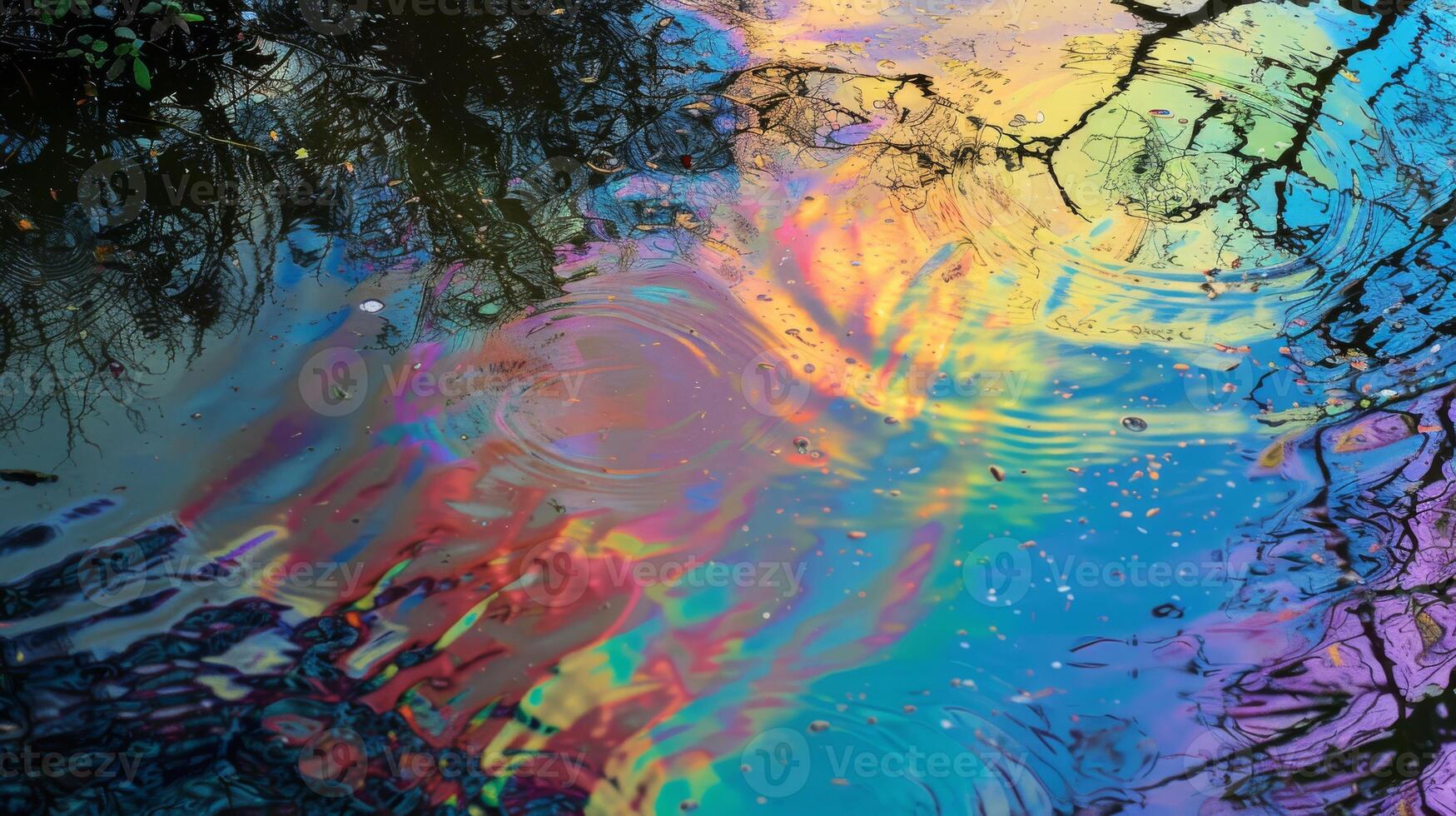 Colorful Oil Slick Reflections on Water with Ripples and Tree Branches photo