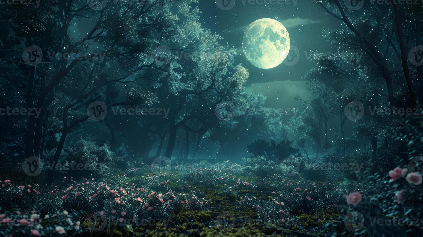 Enchanting Moonlit Forest with Blooming Flowers and Glowing Full Moon at Night photo