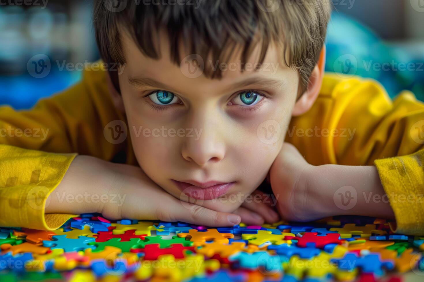 Boy laying on a puzzle photo