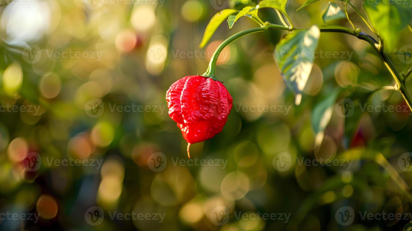 A red carolina reaper pepper growing on a plant photo