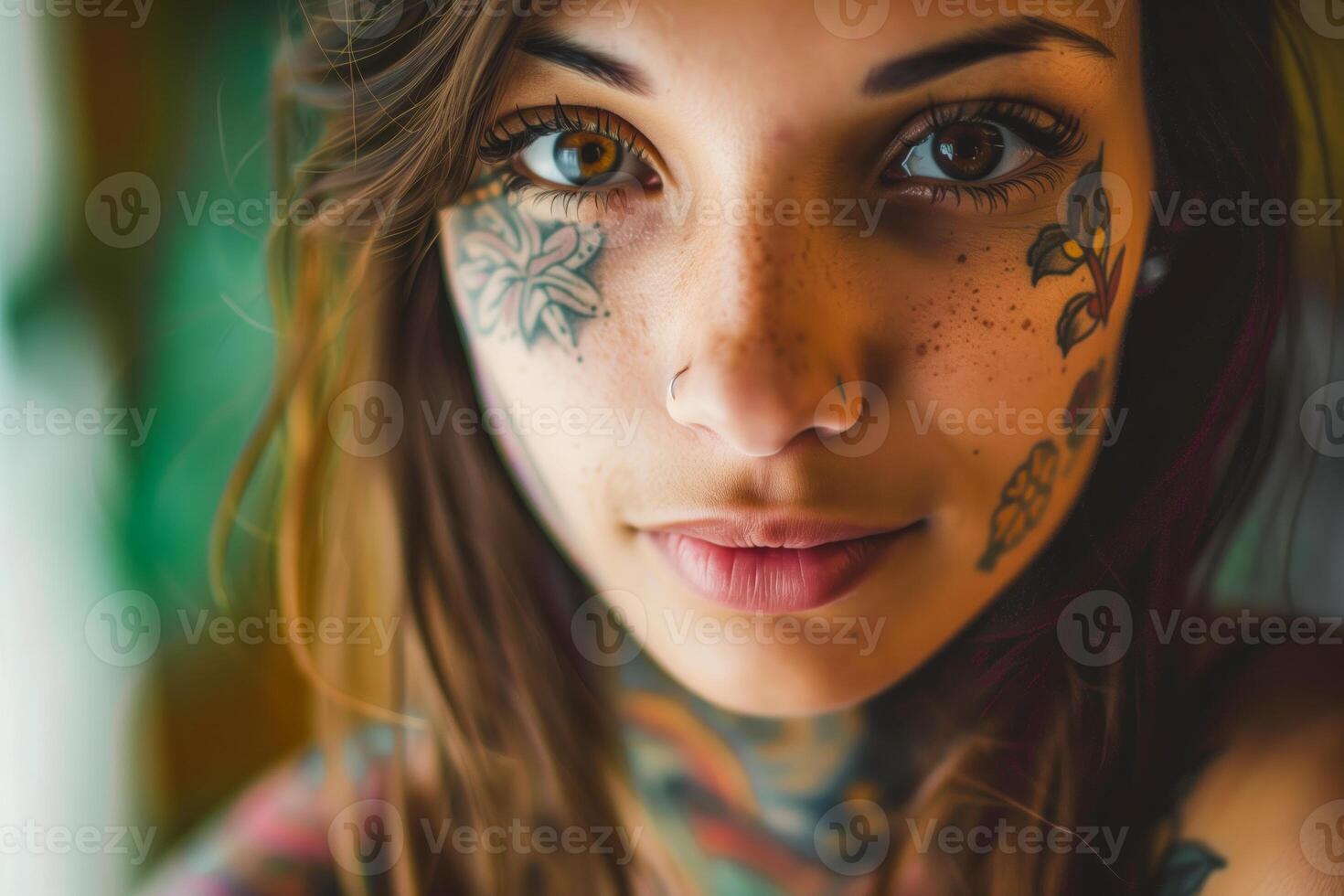 A close up of a woman with tattoos on her face photo