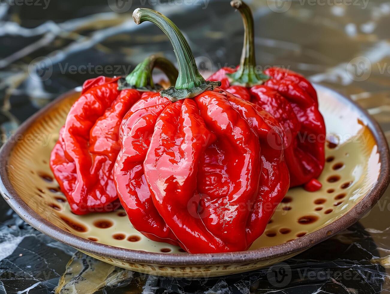 Plate with three red peppers photo