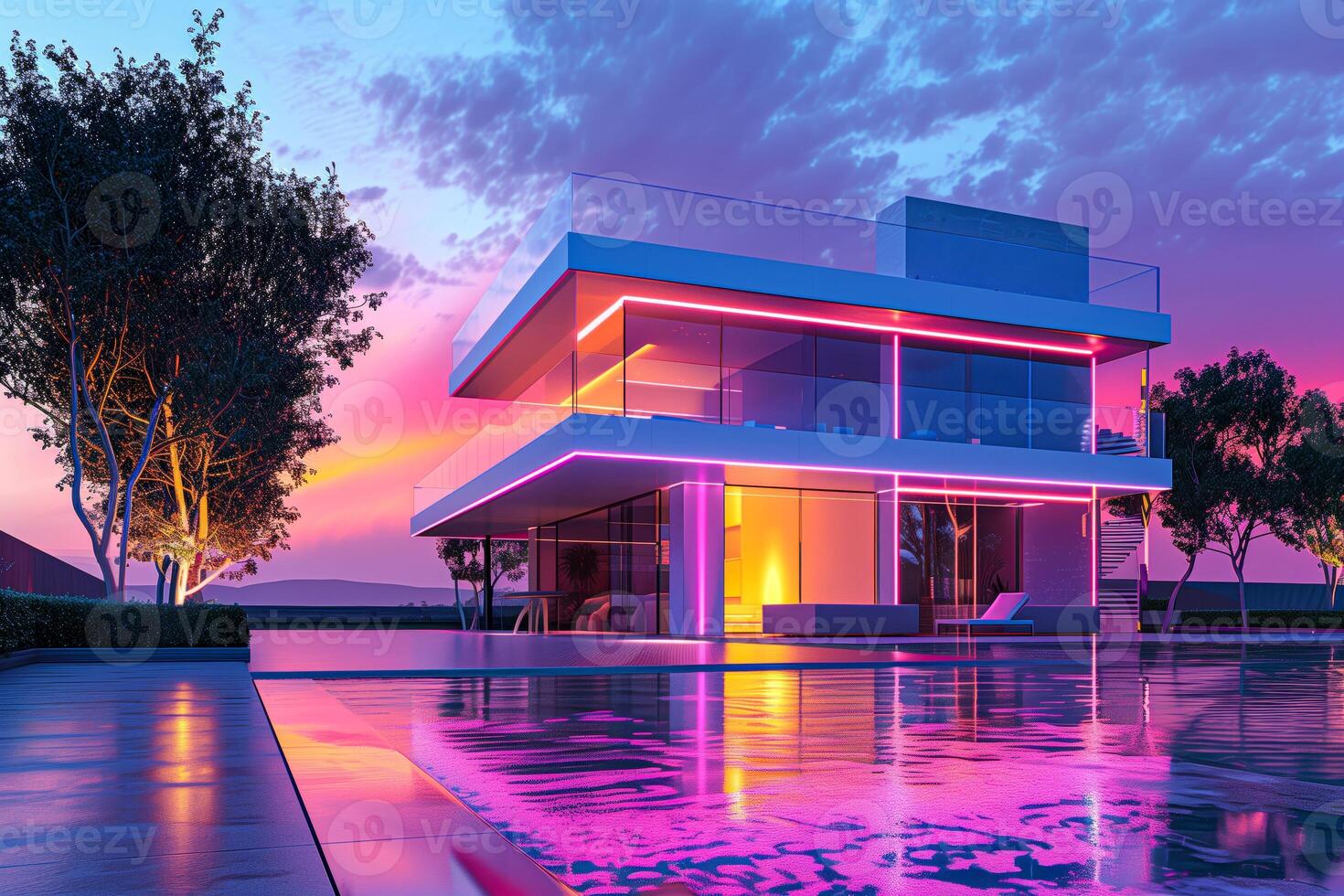 Large modern house whits pool sunset background photo