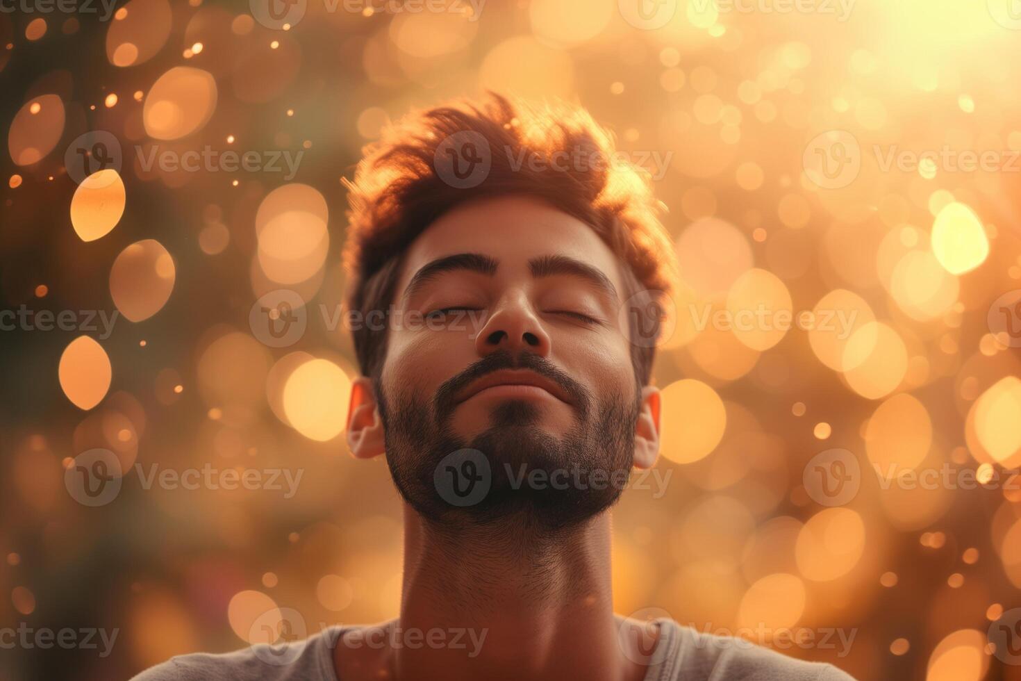Man meditating peacefully with eyes closed, bokeh background photo