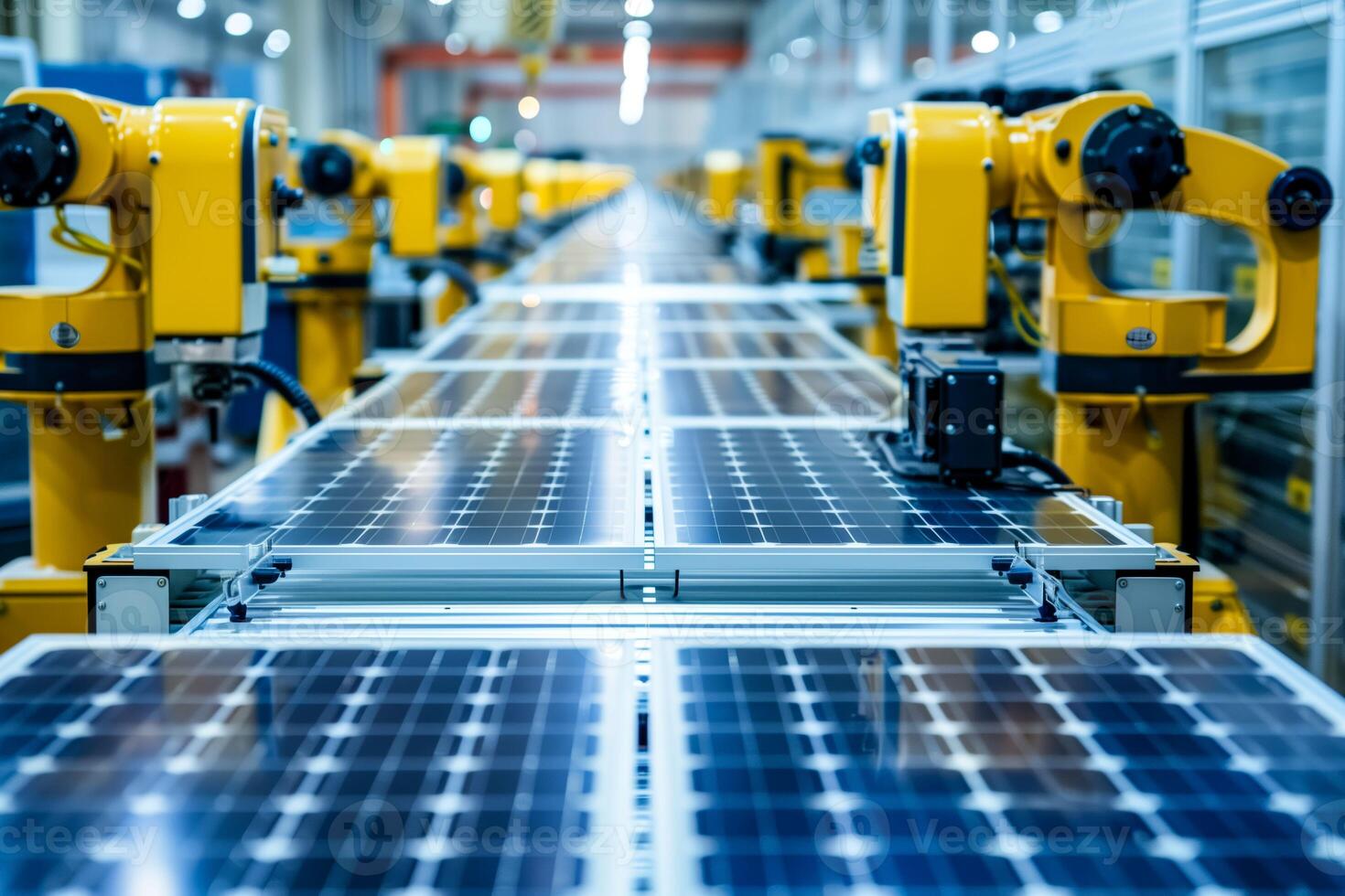 A close up of a factory floor with a row of solar panels photo