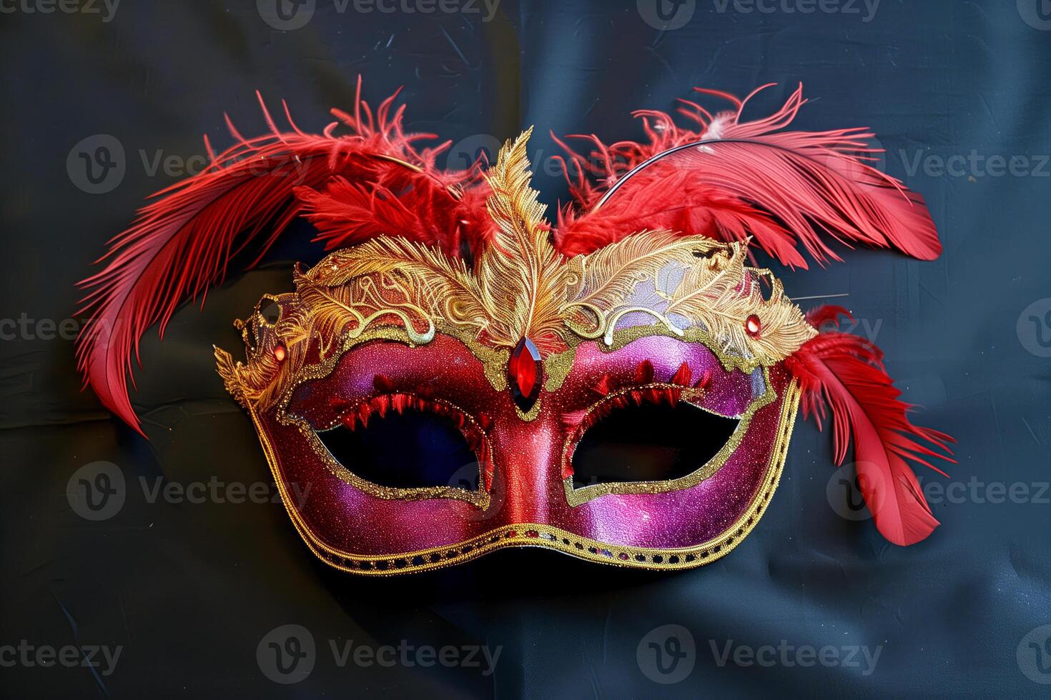 Masquerade mask adorned with crimson plumes and gilded details on ebony backdrop photo