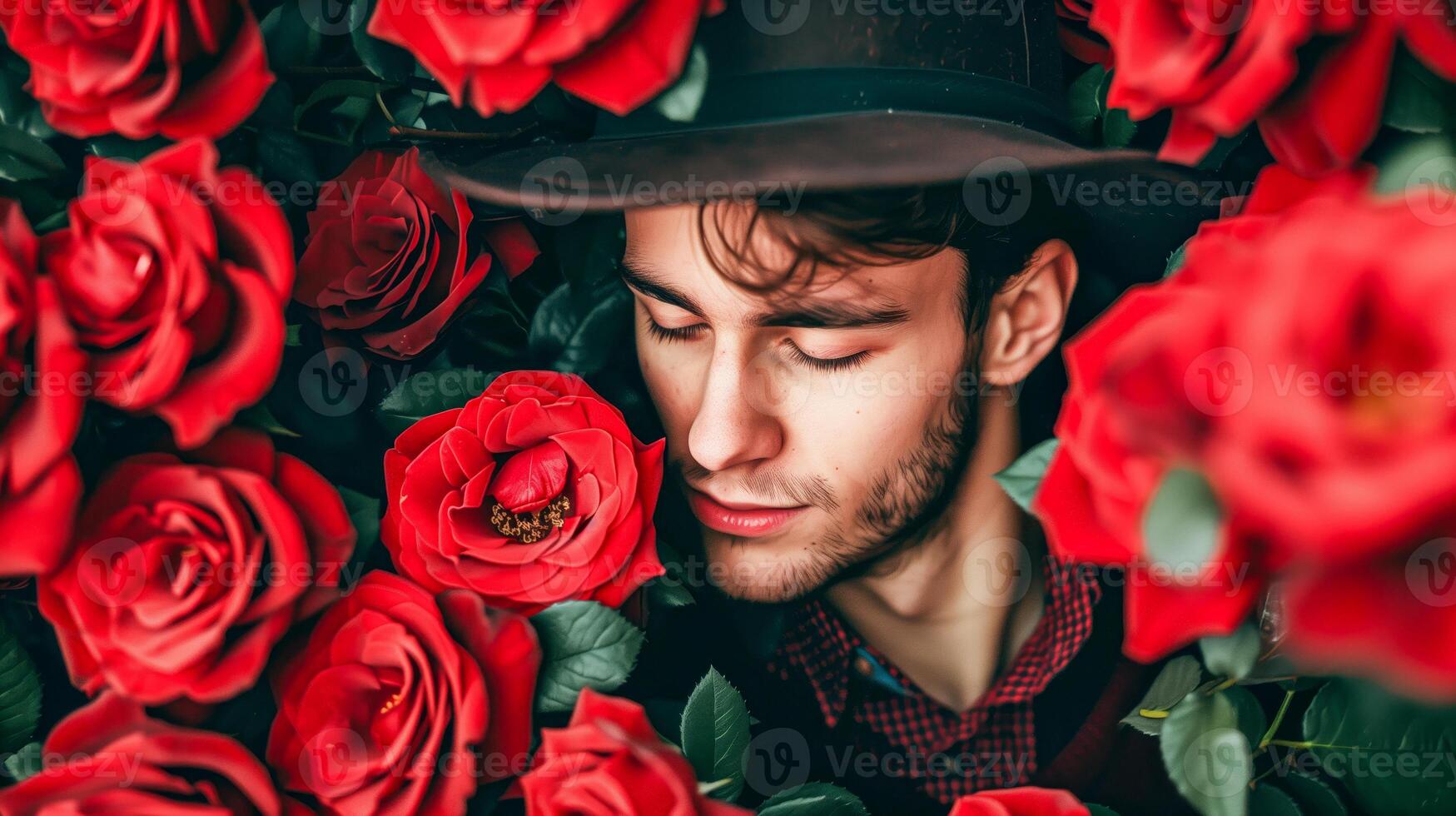 A man in a hat surrounded by red roses photo