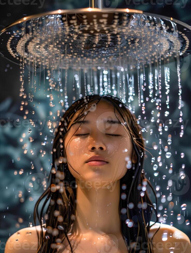 Woman shower water pouring head photo