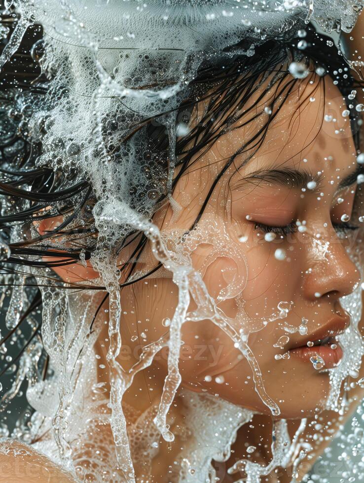 A woman showering with water photo