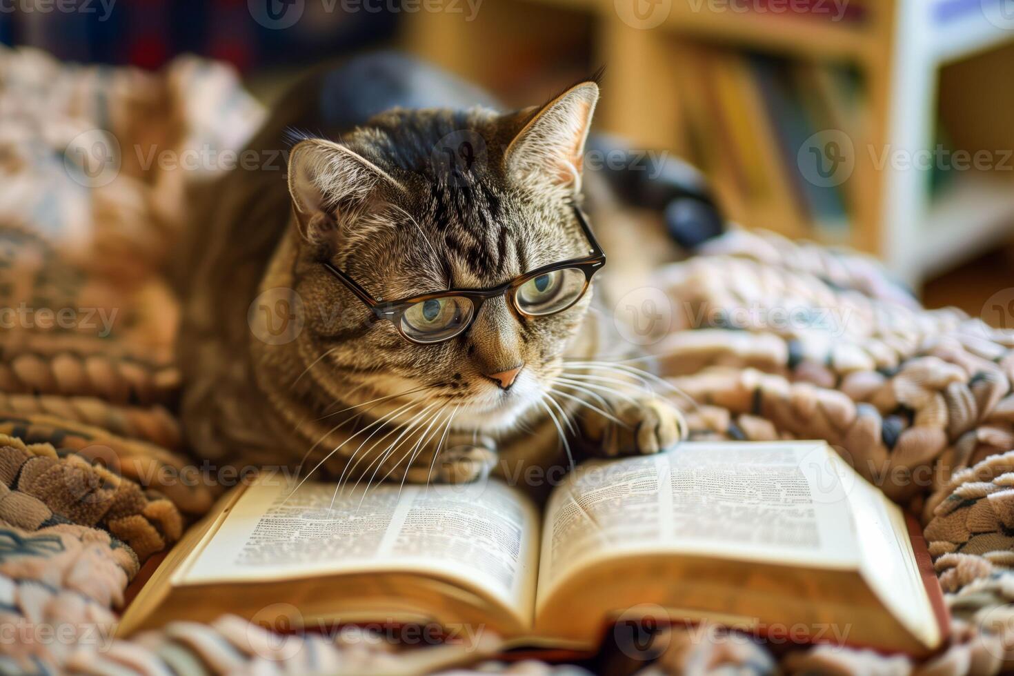 Cat in glasses reading book on bed photo