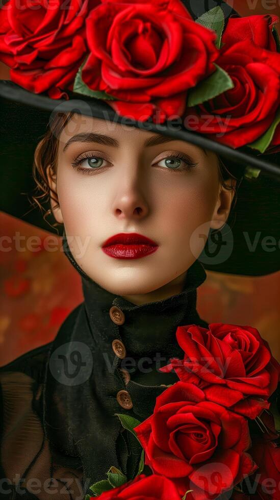 A woman wearing a hat with roses on it photo