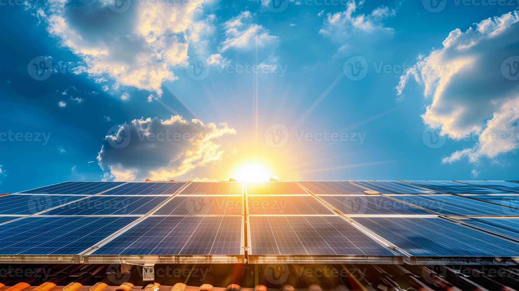 Solar panel on roof with sun shining through clouds photo