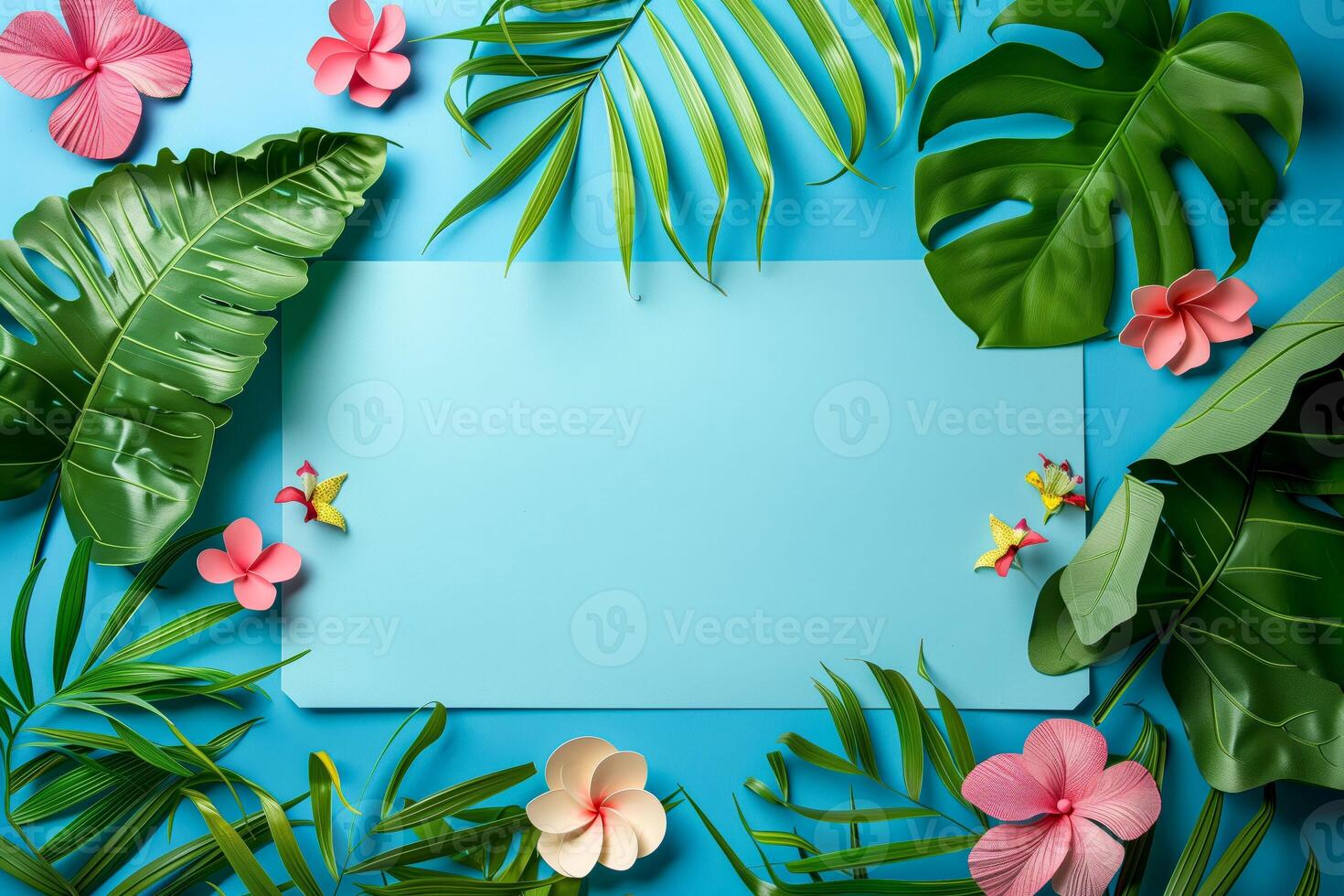 Tropical leaves and flowers with blank paper on blue background photo