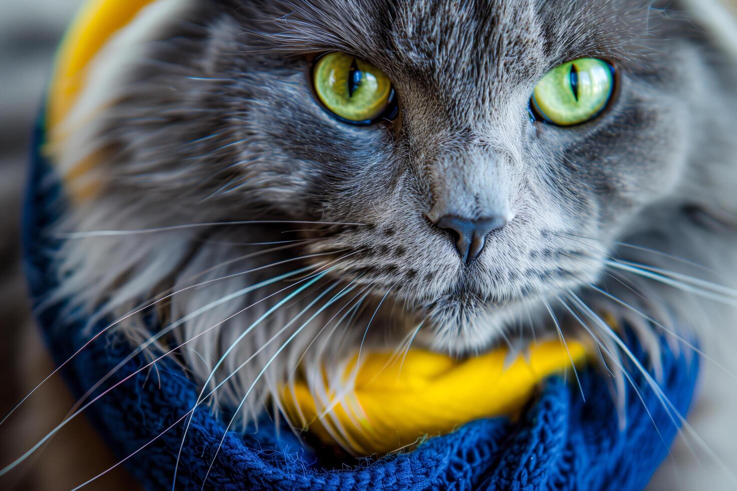 Cat wearing yellow and blue scarfs photo