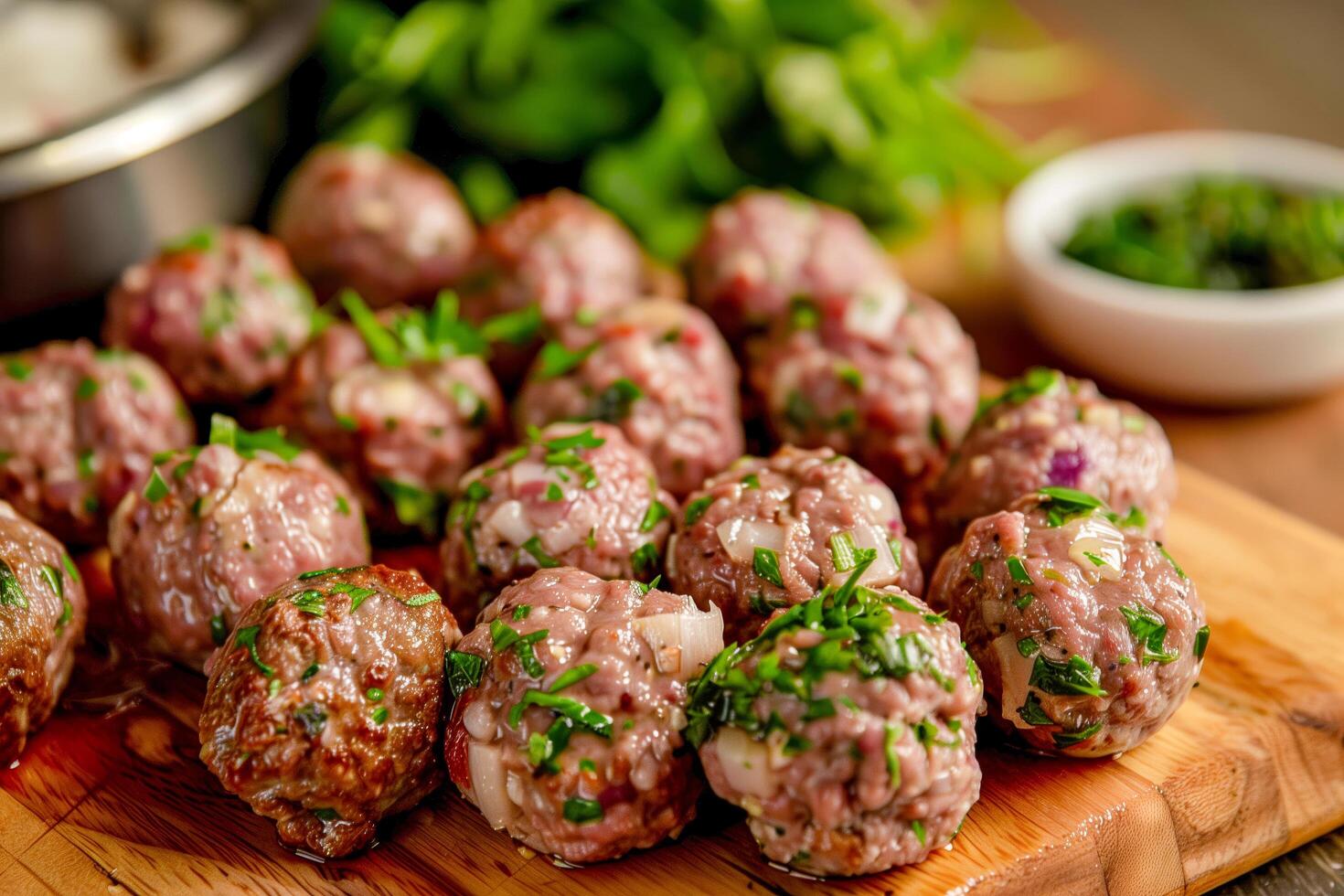 Meatballs on cutting board and sauce bowl photo