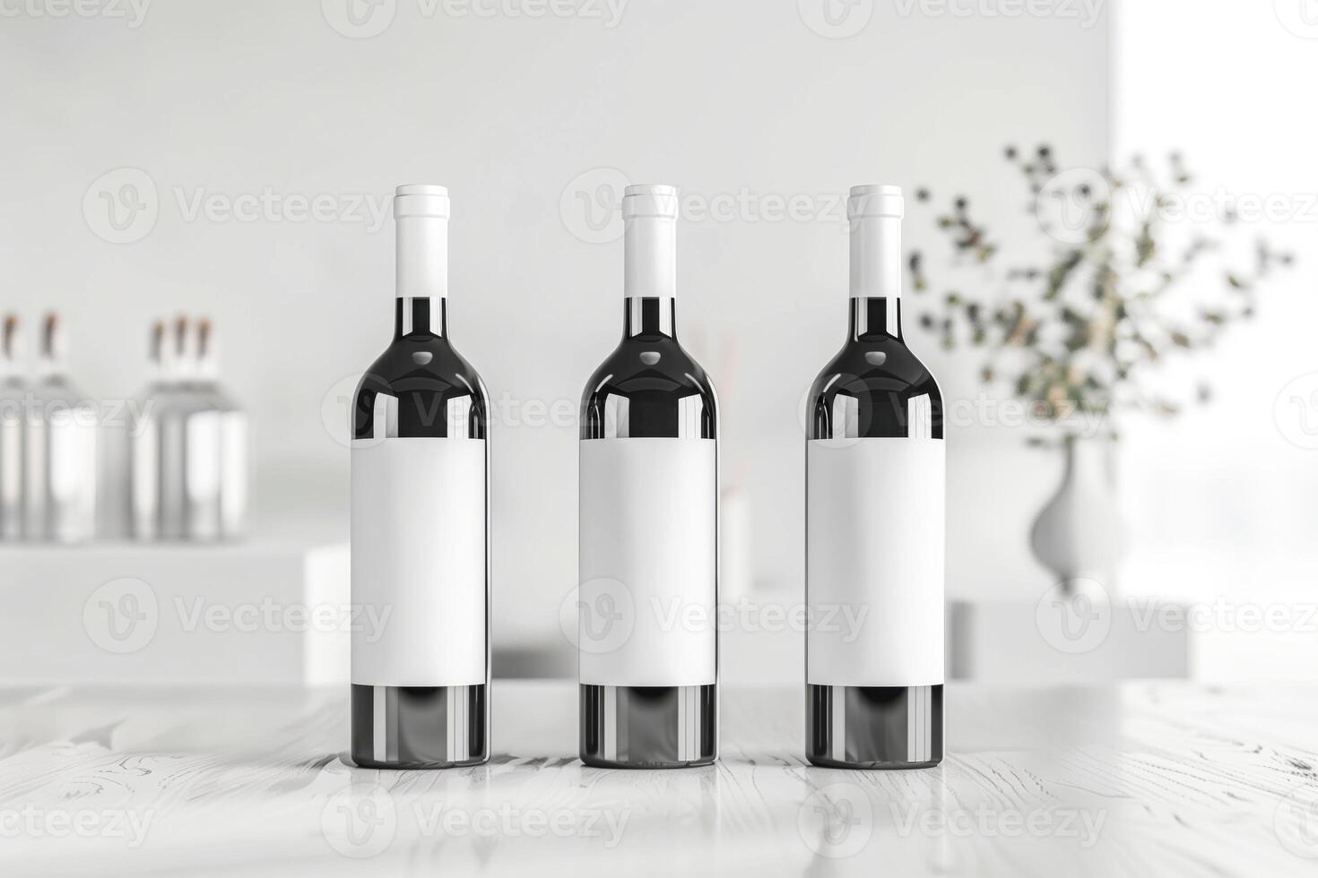 Three wine bottles with white labels on table photo