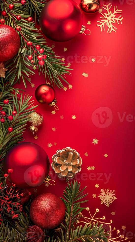 Christmas decorations with red background, pine cones, and fir branches photo
