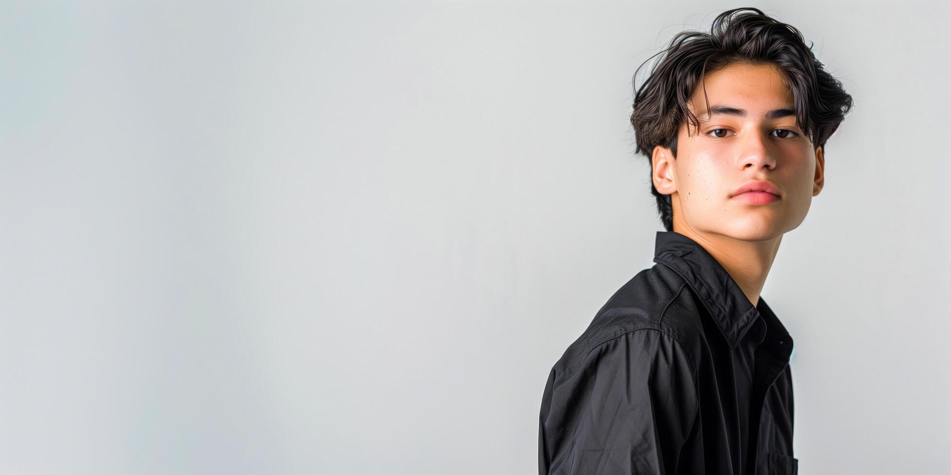 Man in a black shirt posing for a picture on a white background, banner photo