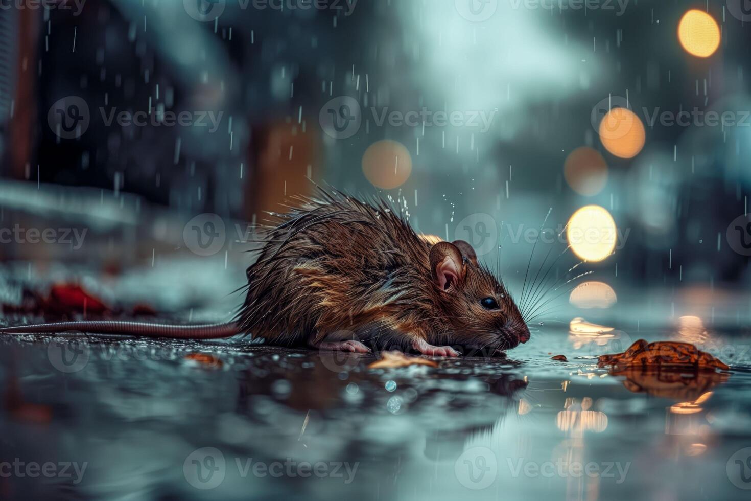 A mouse sits on the road in the rain photo