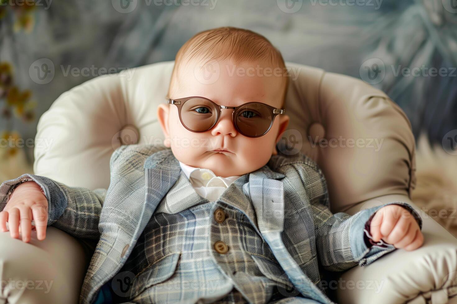 Baby in sunglasses sits on chair with blanket photo