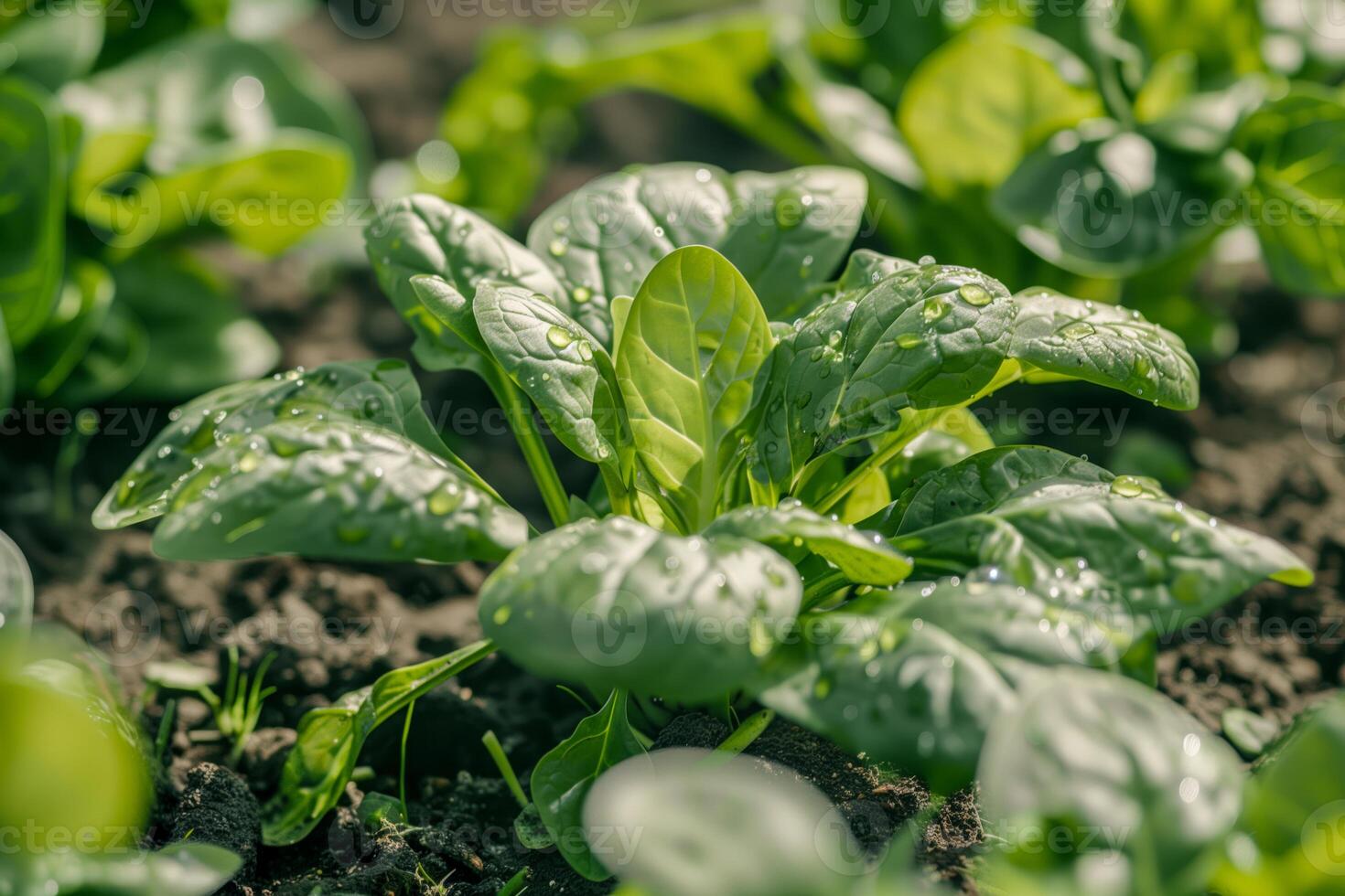 A close up of a spinach plant with green leaves growing in dirt photo