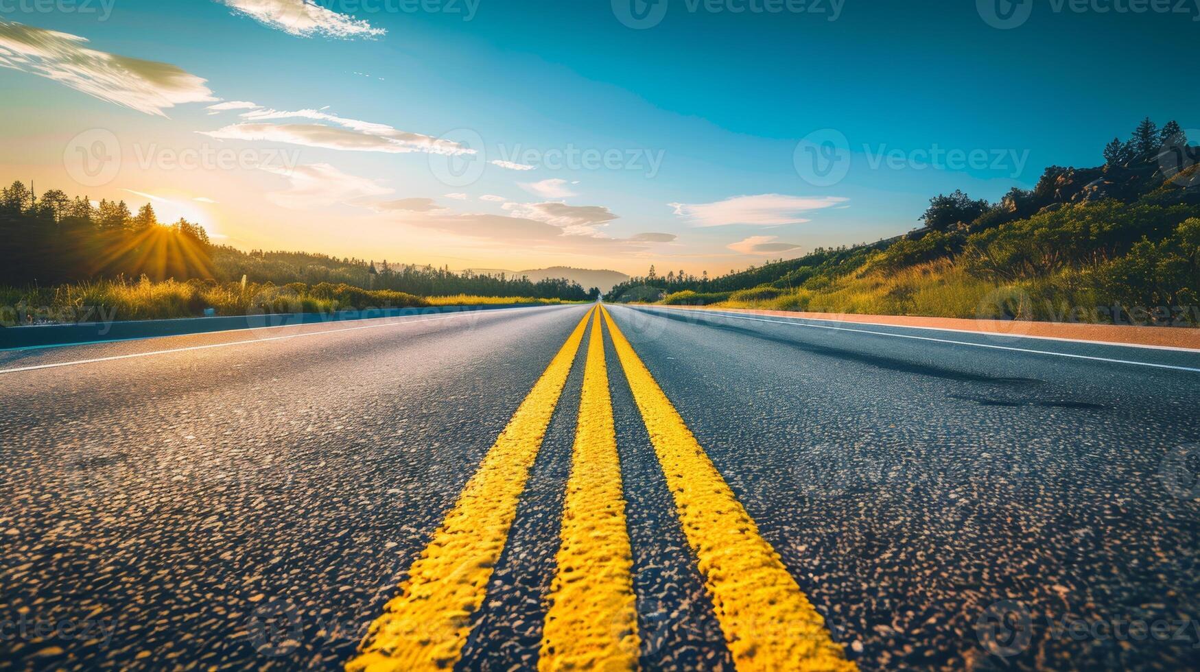 Empty Highway at Sunset with Dramatic Sky and Forest in Background photo
