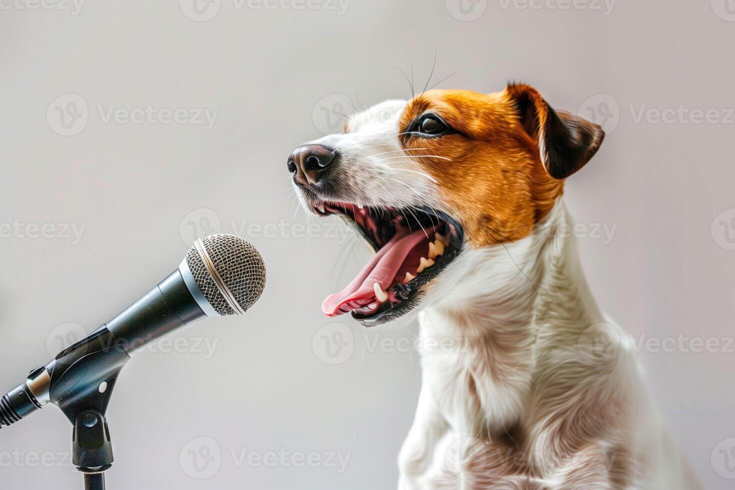 A dog standing and singing with a microphone photo