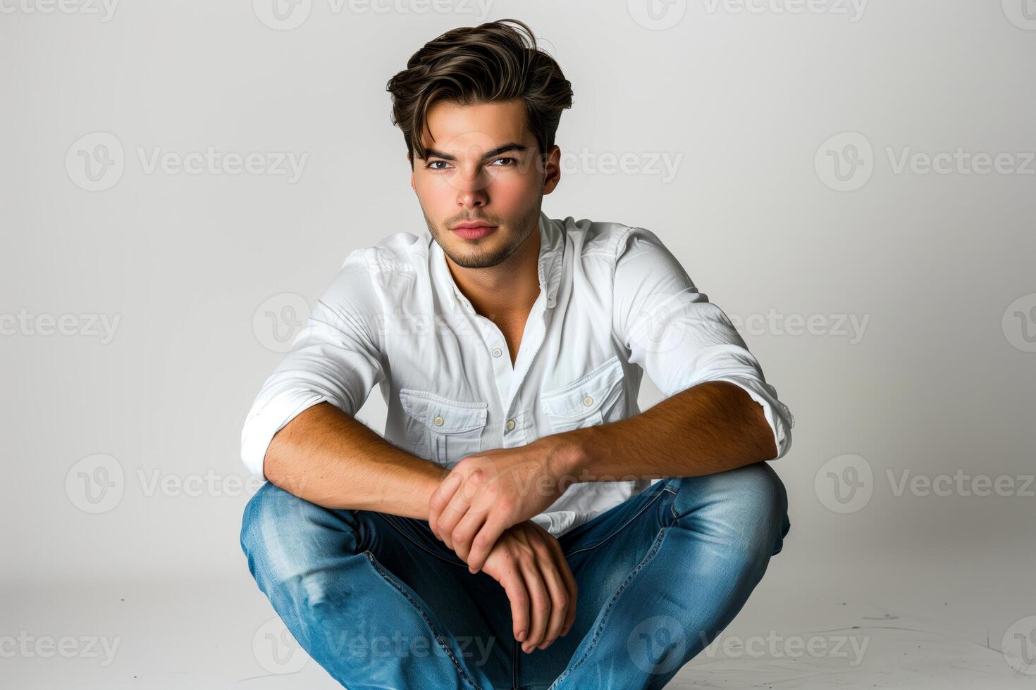 Man sitting with hands on knees on ground photo