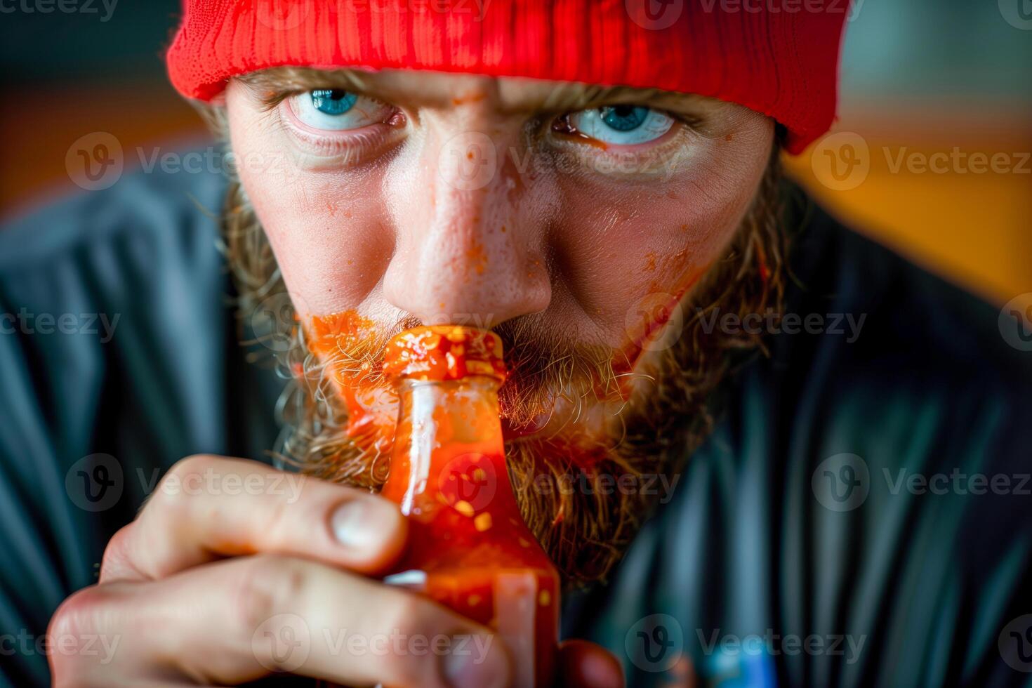 A man with a beard eating a hot sauce photo