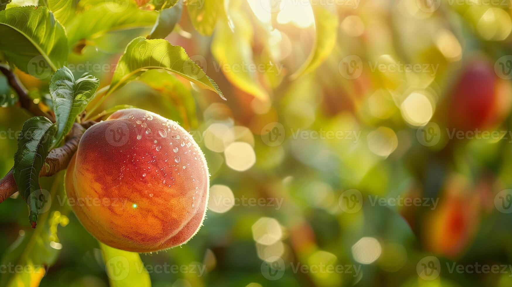 A ripe peach on the tree with many green leaves photo