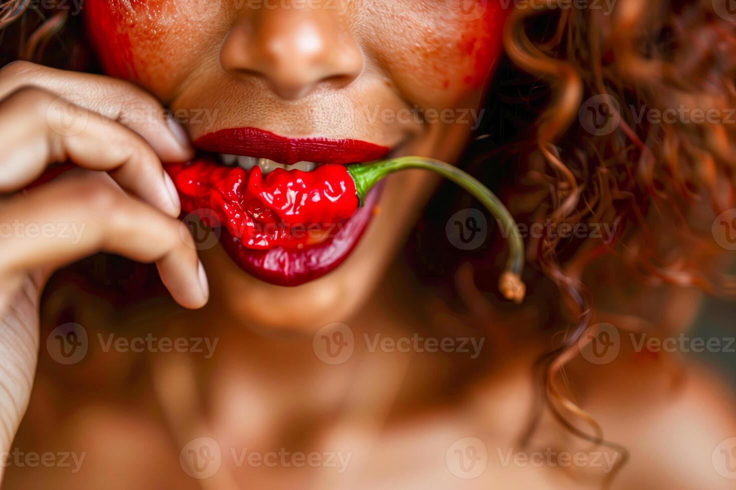A woman with a red face and a chili on her tongue photo