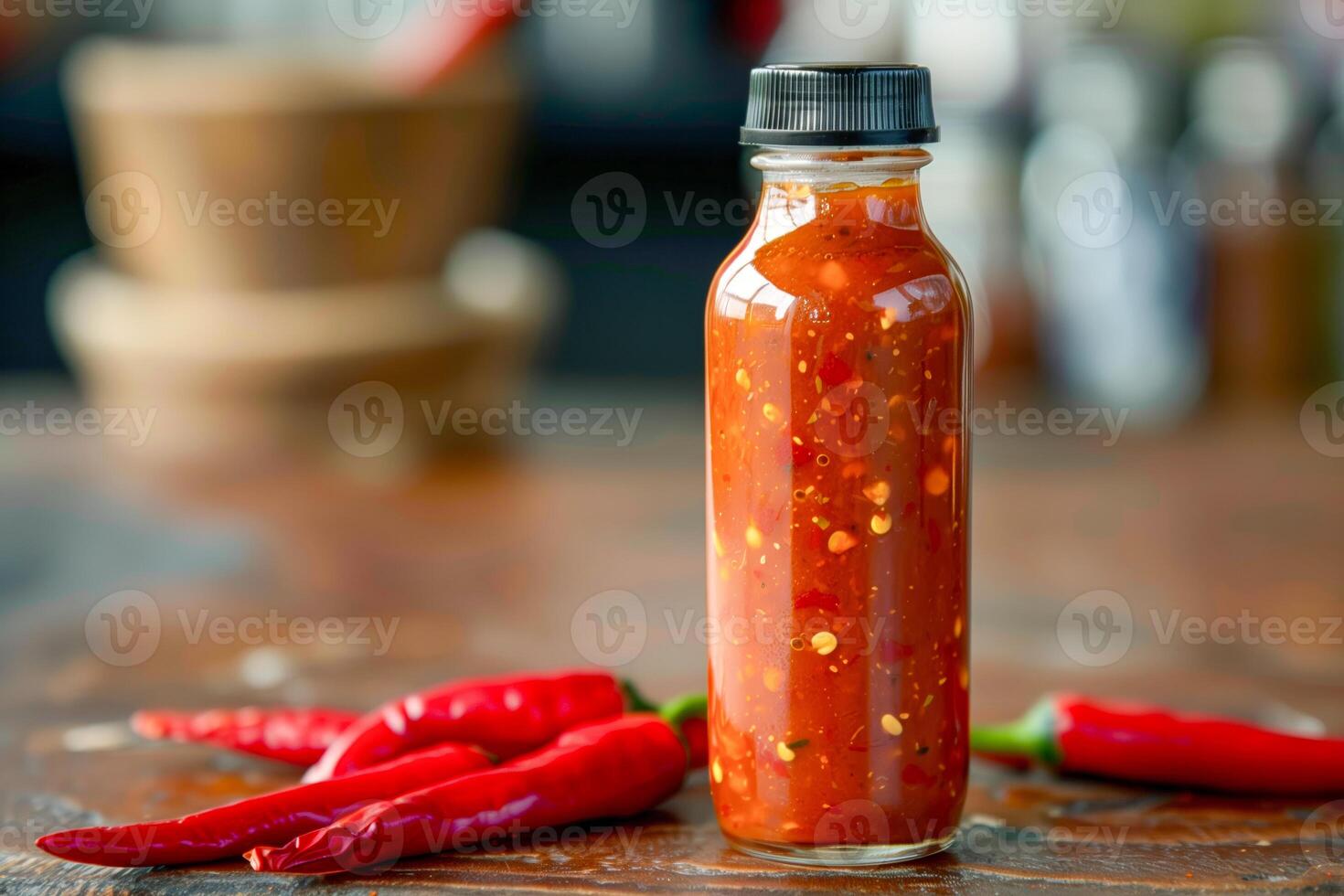 A bottle of hot sauce with chili peppers on a table photo